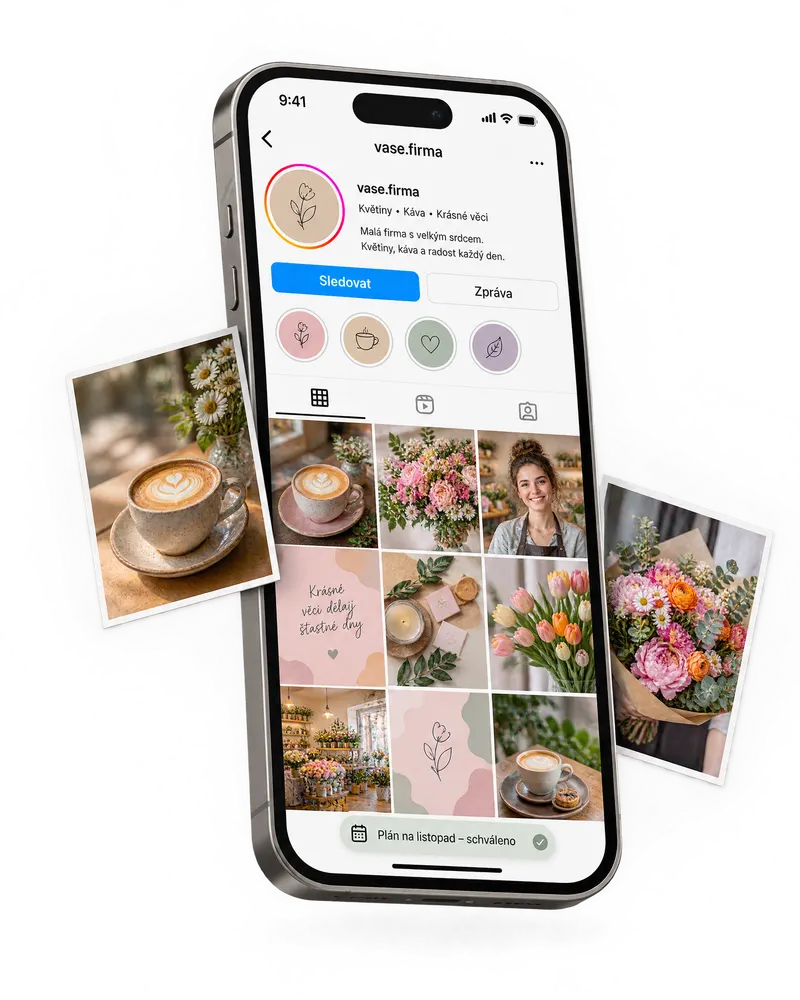 Telefon s profilem firmy na Instagramu a mřížkou příspěvků