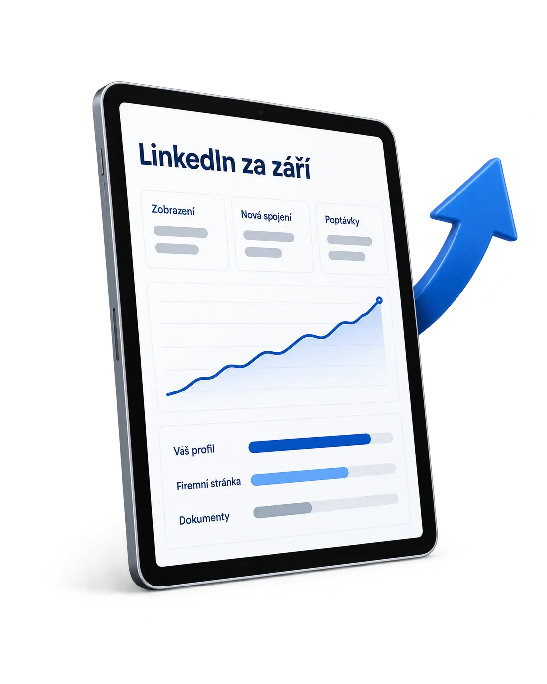 Tablet s ukázkou reportu: LinkedIn za září