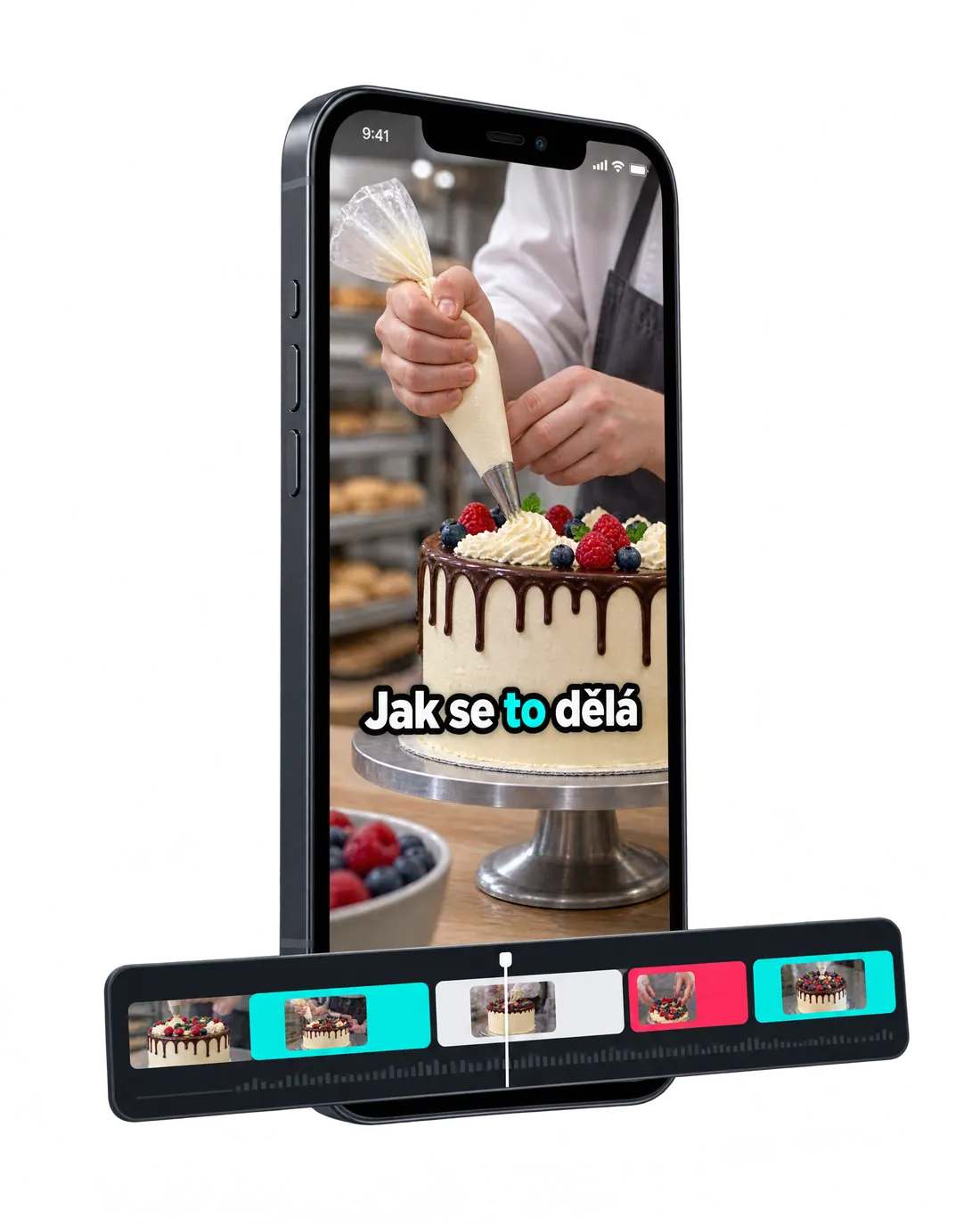 Telefon s videem zdobení dortu, titulek „Jak se to dělá“ a střihová osa