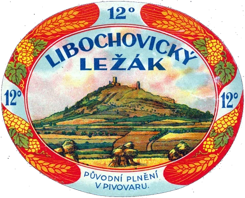 Původní lahvová viněta pivovaru: Libochovický ležák 12°, uprostřed Hazmburk.